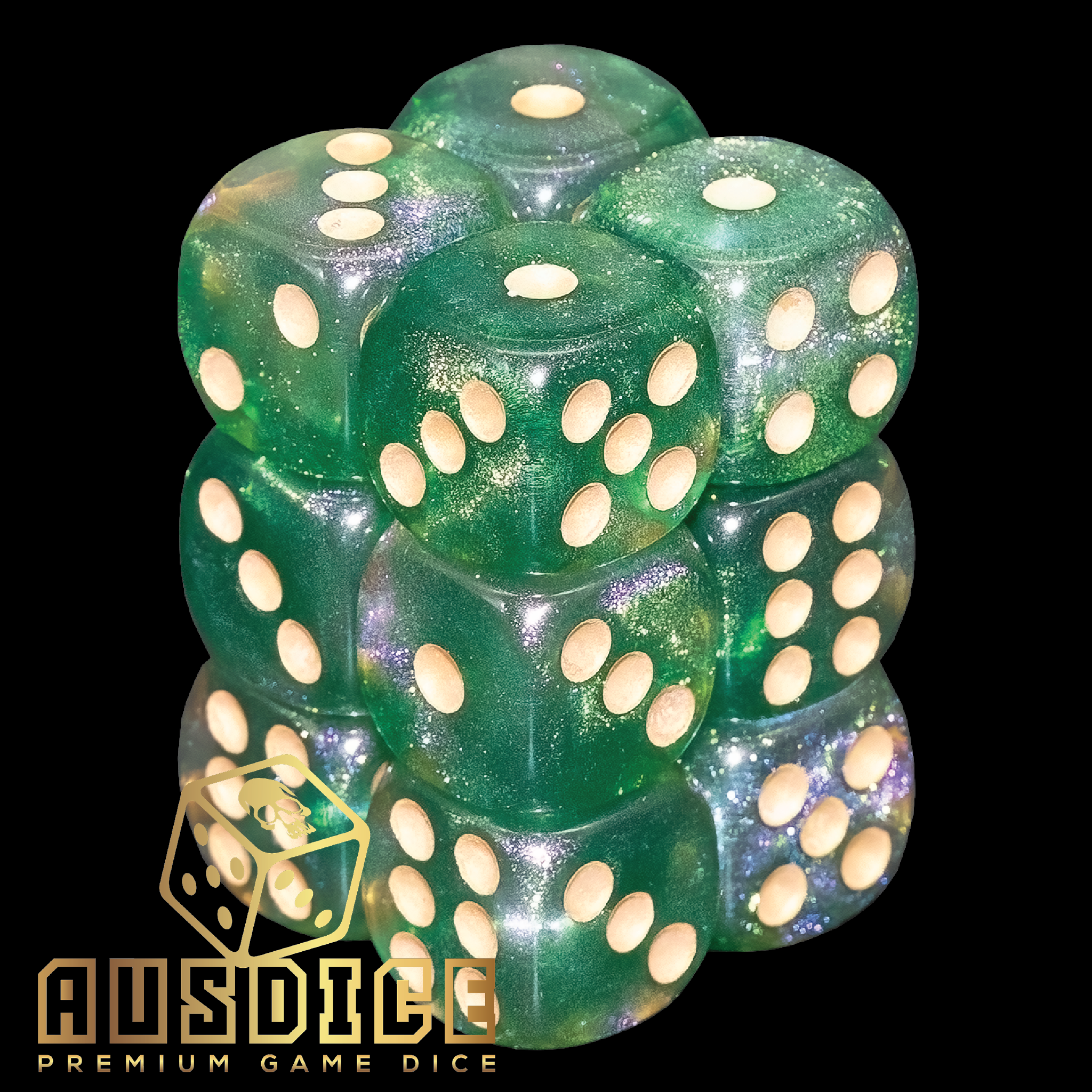Ausdice D6 16mm Iridescent Green/Black 12-Dice Set