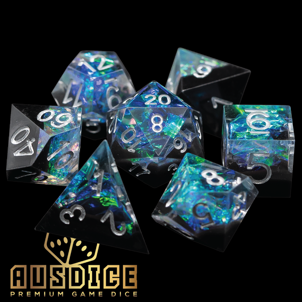 Sharp Edged Teal/Opaque Black Resin Polyhedral 7-Die Set