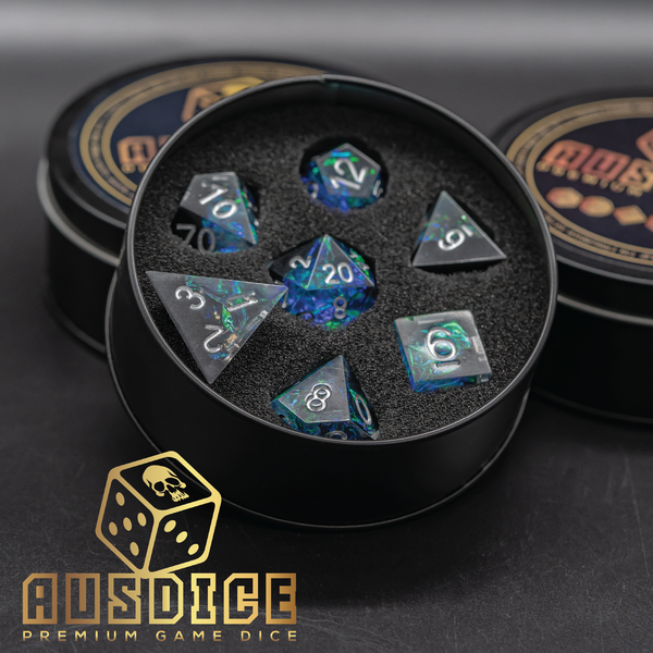 Sharp Edged Teal/Opaque Black Resin Polyhedral 7-Die Set