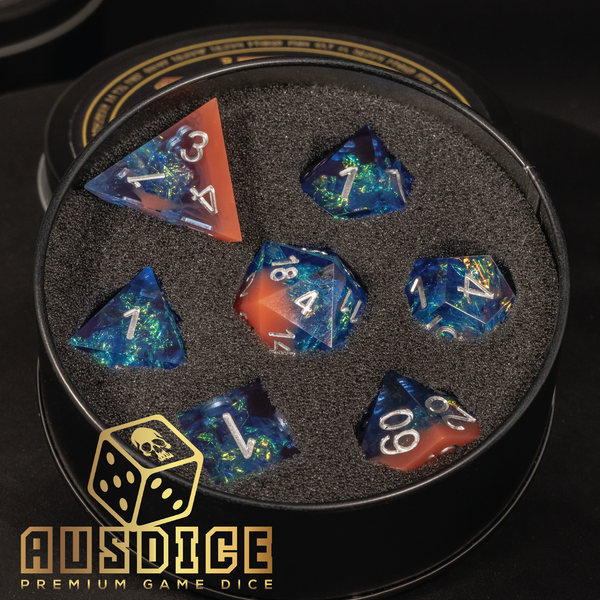 Sharp Edged Teal/Opaque Red Resin Polyhedral 7-Die Set